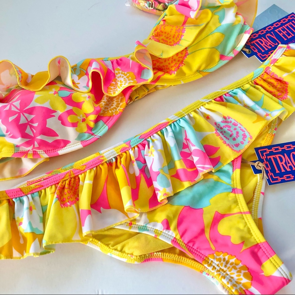 Tracy Feith Yellow Strapless Floral Bikini XL Swimsuit NWT